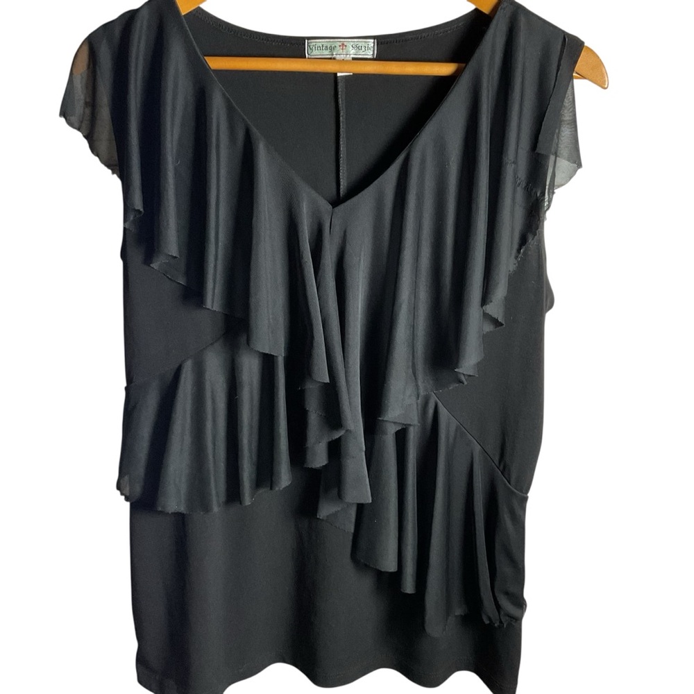 Vintage Suzie Black Ruffled Asymmetrical Blouse Top Damaged
